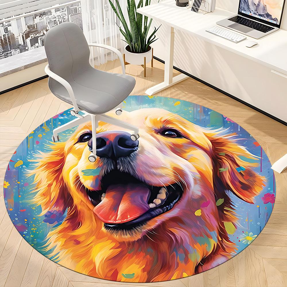 1PC Golden Retriever Artwork Office Round Area Rug, Mat Suitable ForOffice, Under Office Chairs Bedroom Living Room Home Decor, Room Deco