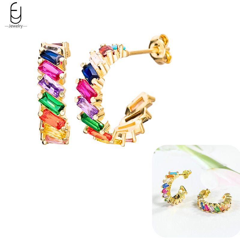 925 Silver Ear Buckles Fashion Hoop Earrings Colorful Crystal Pendants Gold Earring Premium Luxury Women's Jewelry Gift