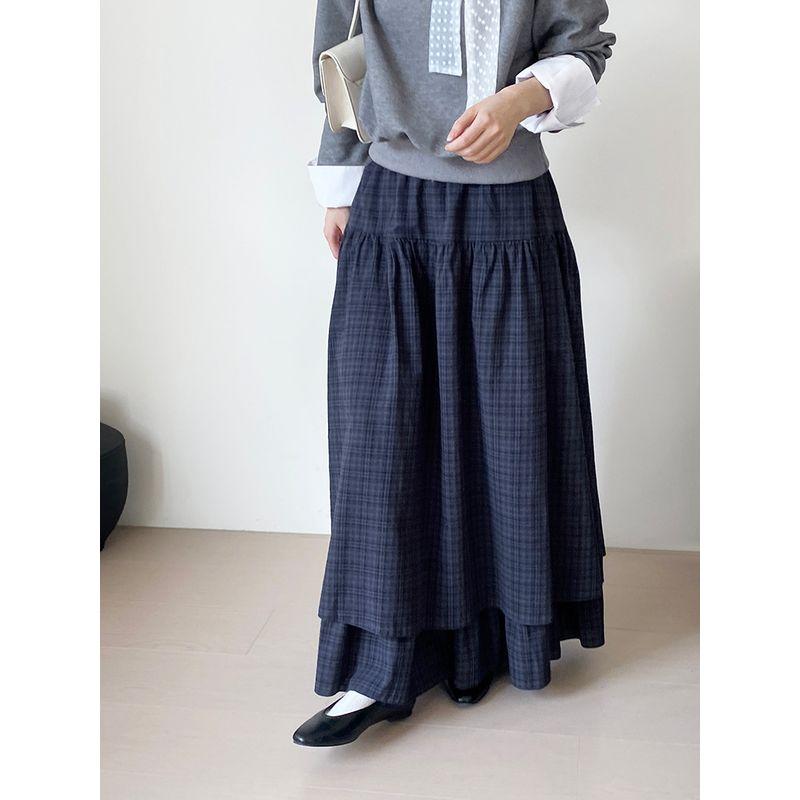 

Retro Korean Series Preppy Blue Plaid Double Layer Patchwork Skirt Women s Waist Elastic A- line Skirt Blue grid L