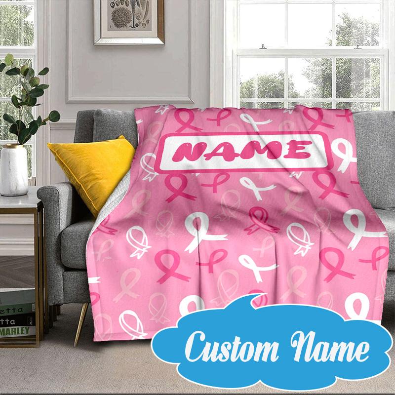 Custom Name Pink Ribbon Awareness Blanket bed sofa Blanket Flannel Blanket for Camping, Hiking, Picnic Essentials,gift for Fan family