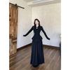 Black new Chinese cheongsam long-sleeved dress women's early autumn high-end temperament waist birthday dress long skirt