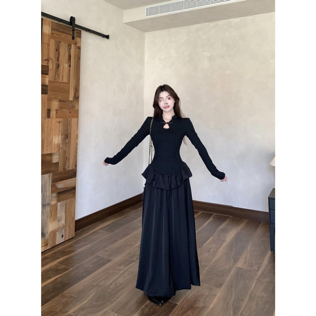 Black new Chinese cheongsam long-sleeved dress women's early autumn high-end temperament waist birthday dress long skirt