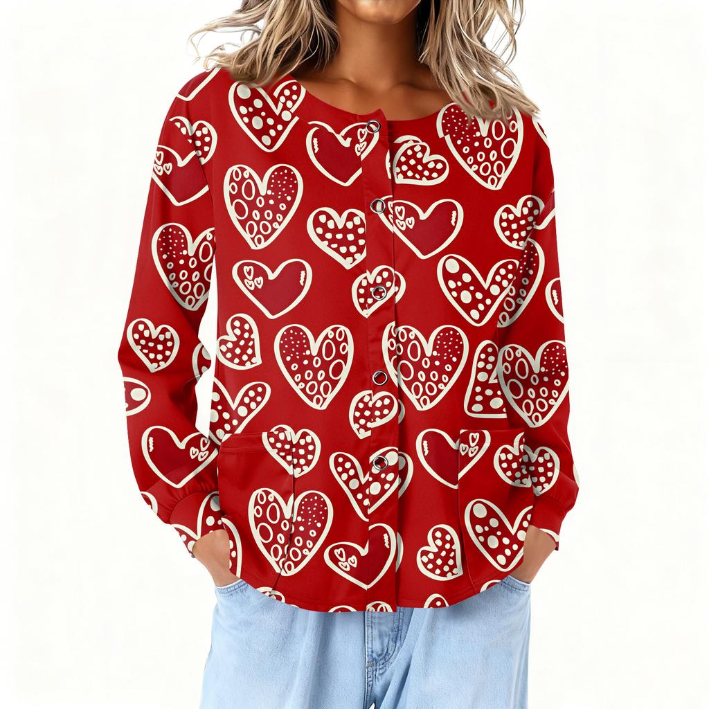 Women Long Sleeve Printed Pocket Working Stand Collar Single-breasted Protective Overalls Cardigan Jacket Top
