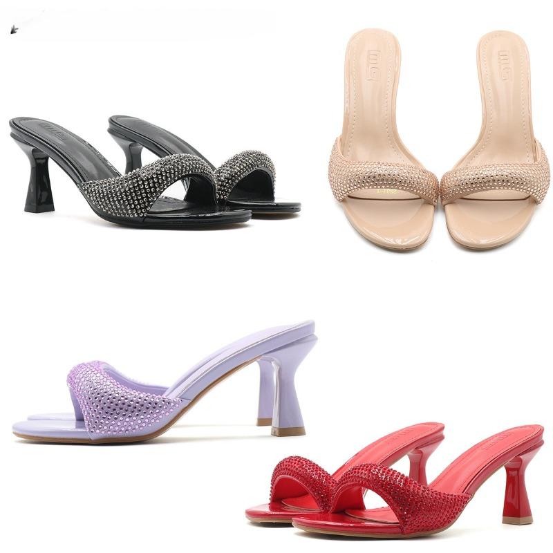 Designer Slippers Rhinestone High Heel Slipper Summer Open Toe Mules Slippers for Women Sexy Slingback High Heel Sandals
