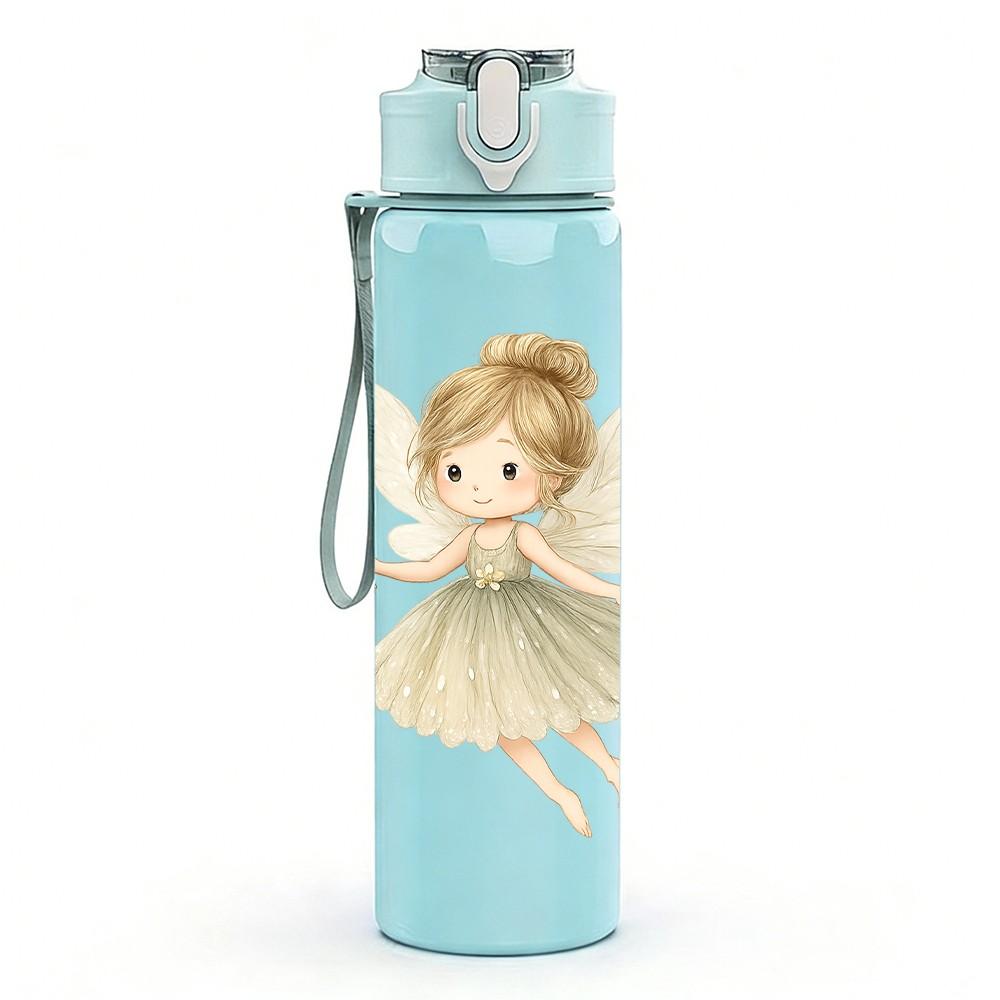 1PC Cute Winged Fairy Illustration 750ml Color Plastic Sports Water Bottle Leakproof Flip Straw Lid Suitable for Sports Office Home Use