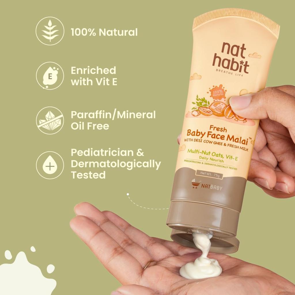 Nat Habit Baby Face Malai Creme Mit Multi-Nut Haferflocken Und Vitamin E Für Sanfte Tiefenpflege Und Geschmeidigkeit Der Haut - 75ml