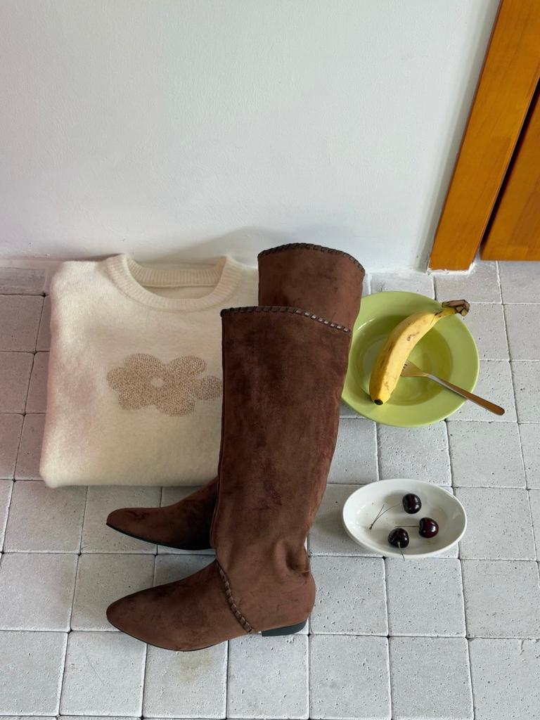 Fashion cowhide tall lazy stack boots autumn and winter new retro Maillard western knight boots women