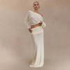 European and American knitted long-sleeved one-word neck top, pleated half-length dress, solid color fashion suit, two-piece set for women