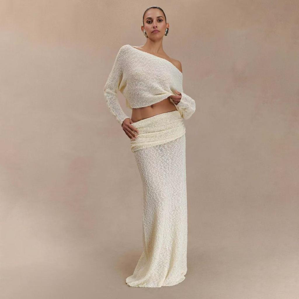 European and American knitted long-sleeved one-word neck top, pleated half-length dress, solid color fashion suit, two-piece set for women