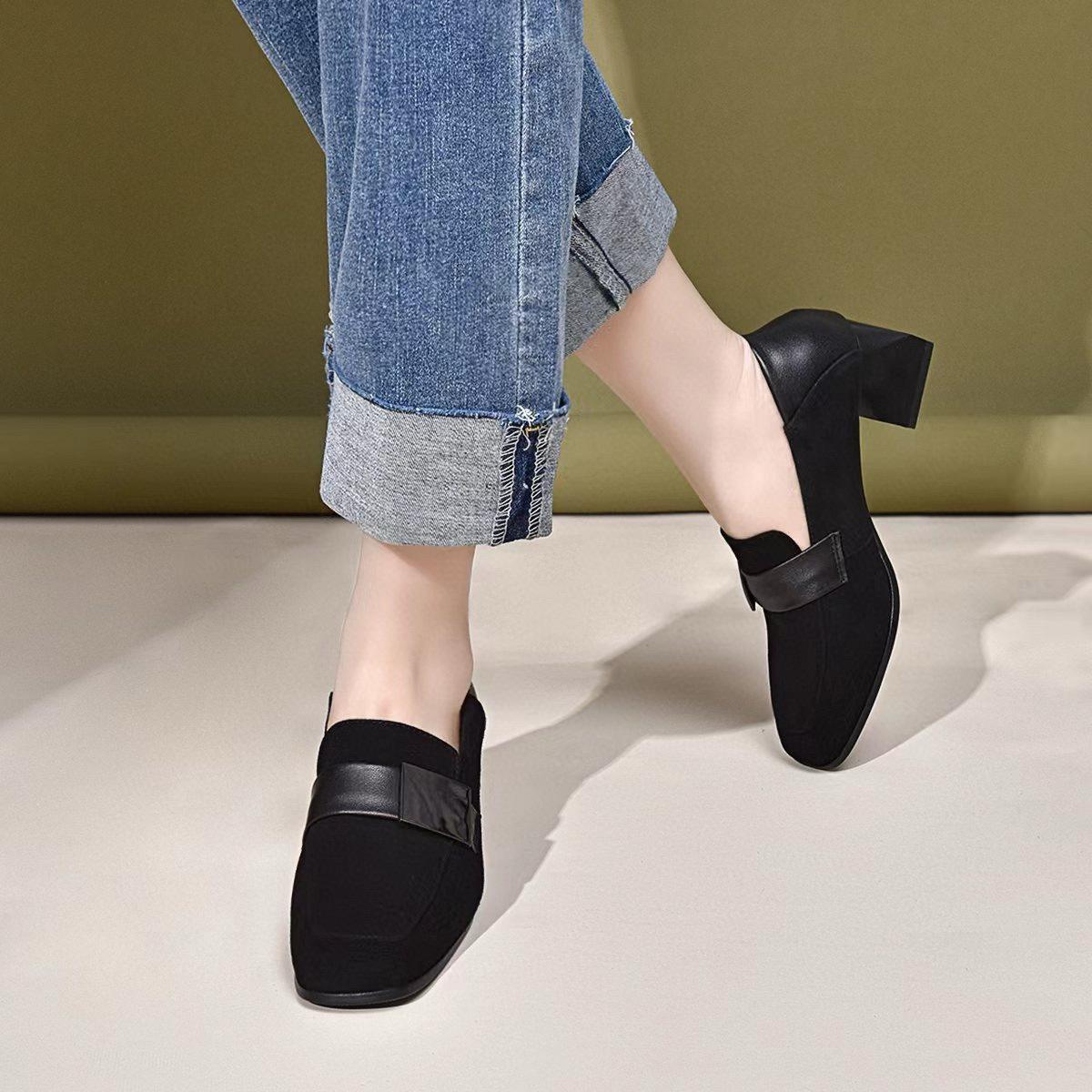 

Женские осенние туфли с квадратным носком и одинарными ремешками с квадратными пряжками, две высокие черные туфли для работы 41