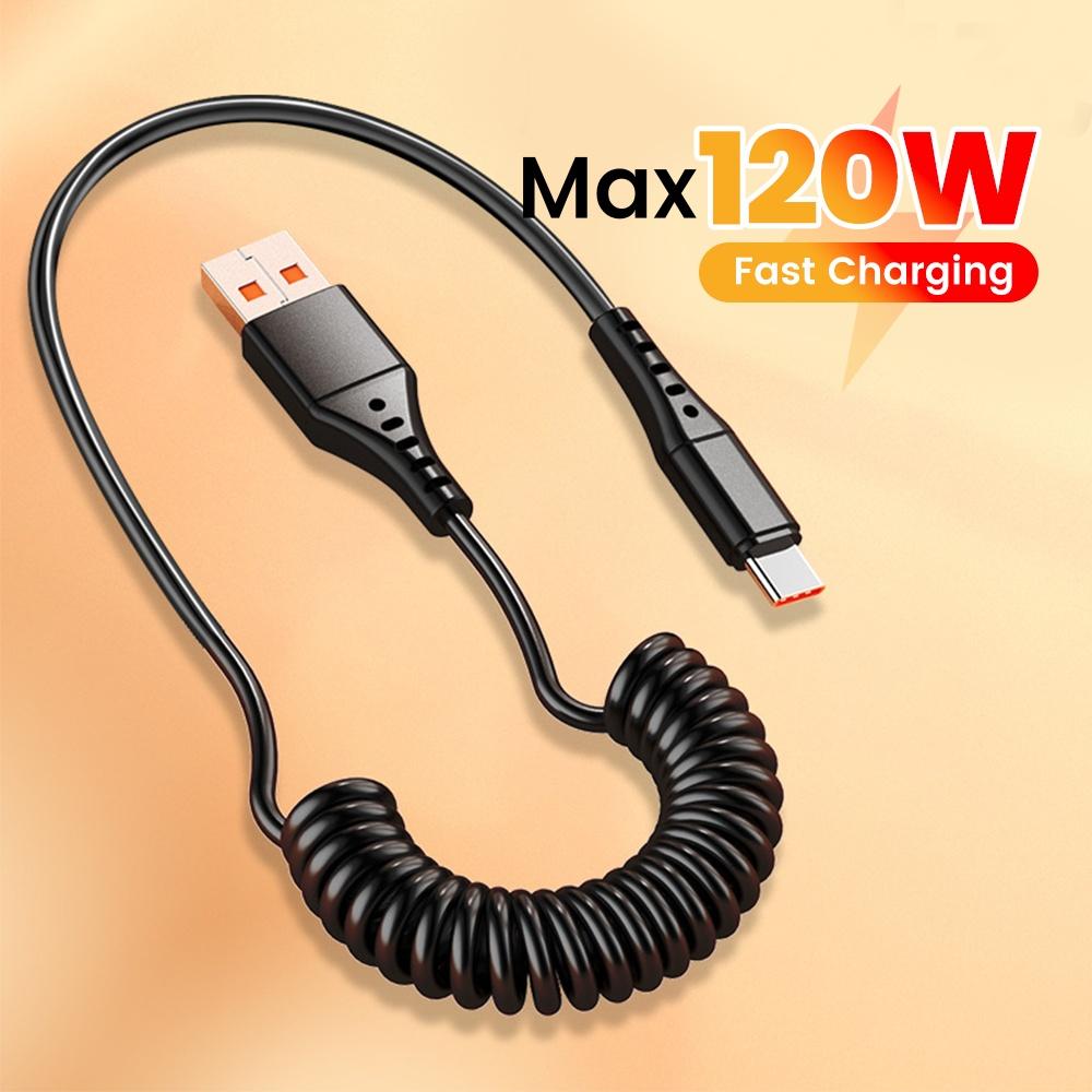 120W Car Spring Cable USB Type C Fast Charging Micro USB Cable For iPhone 16 15 Samsung Xiaomi  Quick Charger 3.0