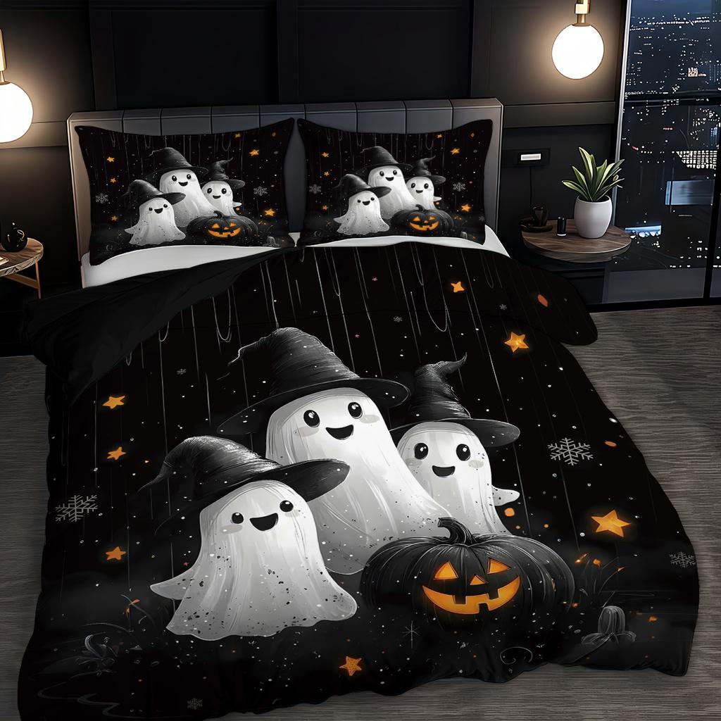 3-piece Halloween themed pumpkin ghost castle pattern 1 quill cover+2 pillowcases coreless soft and comfortable bedding set