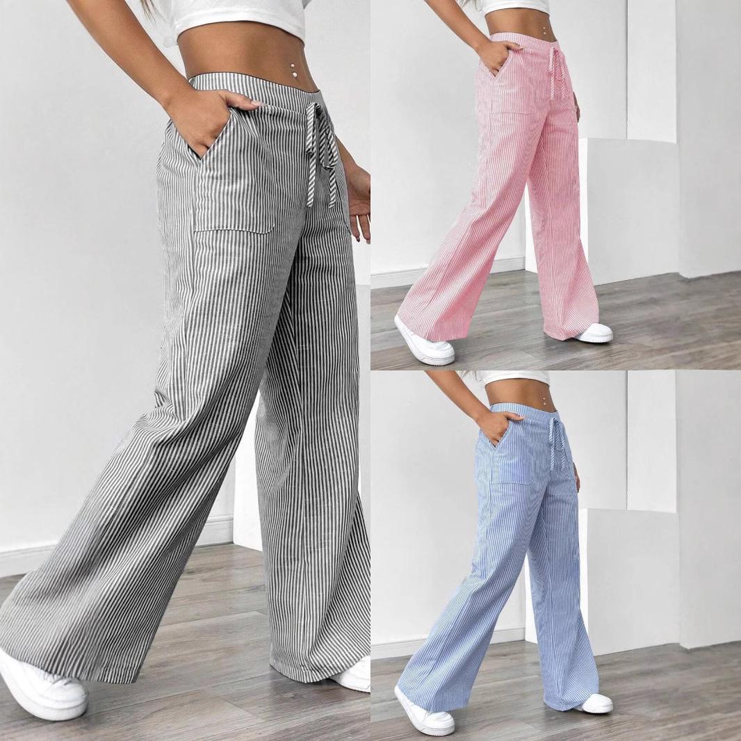 

2024 Casual Versatile Striped Wide Leg Women s Trousers Large червоний