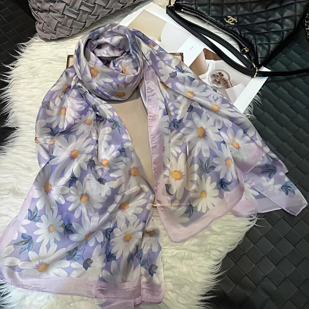 Biały100% Jedwabny Szalik Damskie Szaliki Bufandas Letnie Plażowe Szale Foulard Jesień Zima Markowy Wzór Kwiatowy Długie Szaliki na Szyję Hidżaby