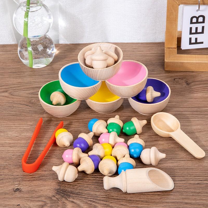 Children's New Puzzle Fun 12 Color Ball And Cup Color Classification Wooden Toy Clip Beads Color Cognitive Matching