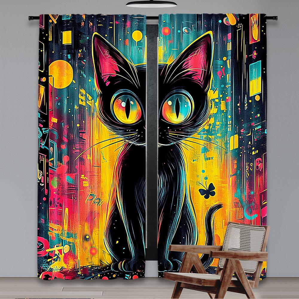 2 stk Kattegardin Fargerik Morsom Svart Katt Akvarell Dyregardin Passer Til Soverom Bad Stue Spisestue