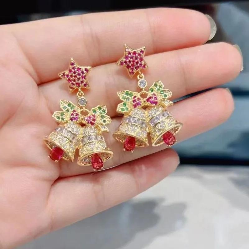 

Новый рождественский цветной колокольчик с инкрустированными цирконом легкими роскошными геометрическими серьгами