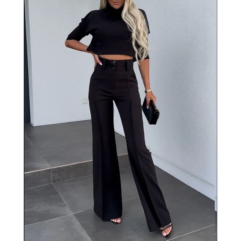 Crop Cropped Top Wide-Leg Pant Suit Crop-Top Short Top Loose Pants Two-piece Set