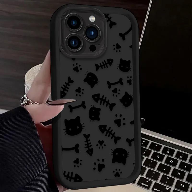 

Cute Black Cat Fish Bone Paw Print Pattern Design Protective Cover for iPhone 17 16 15 14 13 12 11 16E Series Pro Max Plus iphone 17 Air