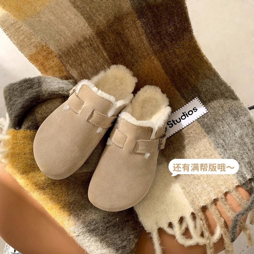 [sheii] real wool version~ retro leather inner height increase fluff single shoes women's bag head half drag