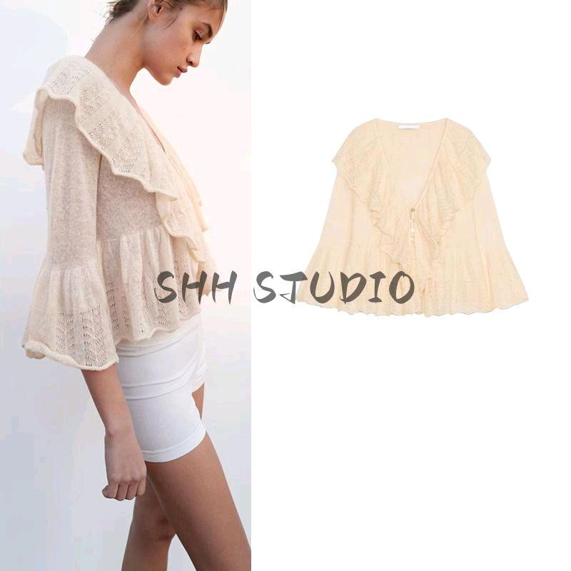 Spring New Women's Clothing Casual Style Laminated Decoration Elegant V-neck Simple Thin Knitwear 3456101