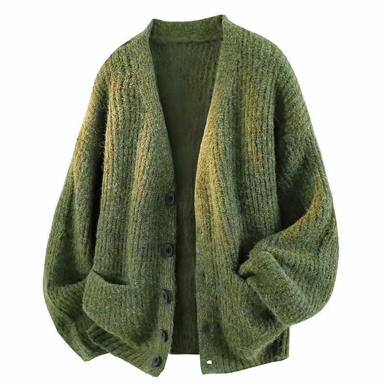 Herren Herbst Locker geschnittene Strickjacke: Einfarbige lässige Strick-Halbstrickjacke S grün