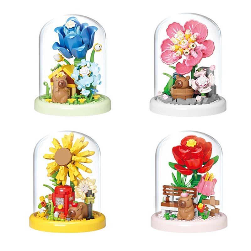 New product creative capybara garden assembled building blocks toys rose lily immortal flower ornaments toys with dust cover