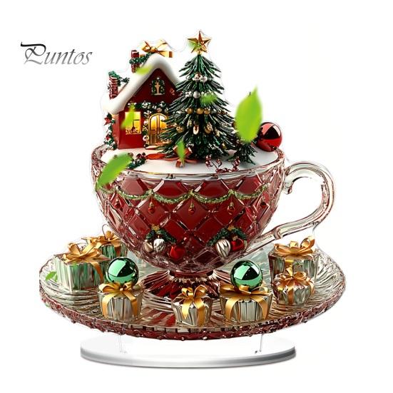 Seasonal Shelf Decorations Cartoon Christmas Coffee Cup House Ornaments, 2D Acrylic Tree Tabletop Cute Holiday Home Accents Decor, Mini Decor for Desk