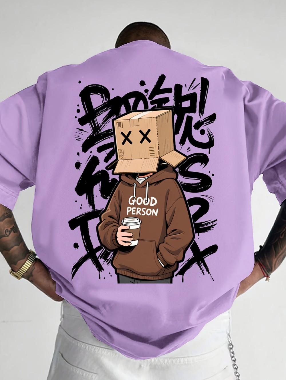 

American Summer Mens Cartoon Character Letter Graffiti Print Comfortable and Breathable Round Neck Tshirt Outdoor Street Top 4XL