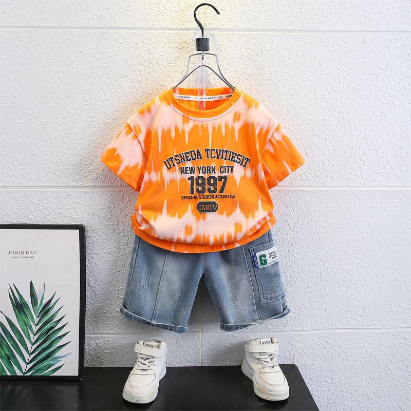 Trendy Boys Summer Short Sleeve Outfit With Stylish Denim Shorts For Kids 3 To 8 Years Old