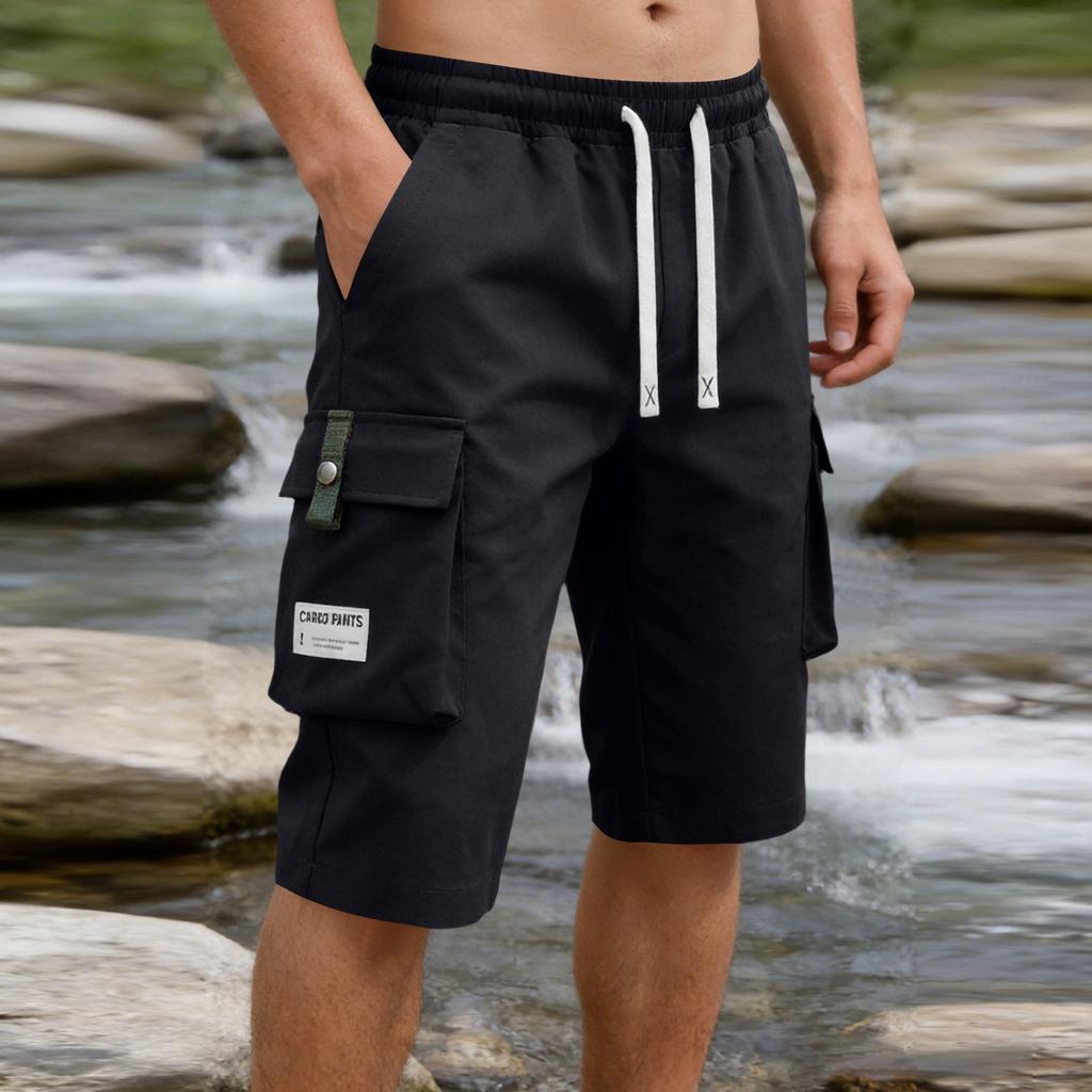 Men's Lightweight Cargo Shorts Elastic Waistband Drawstring Closure Loose Fit Straight Leg Multi Pocket Utility Shorts for Outdoor Activities