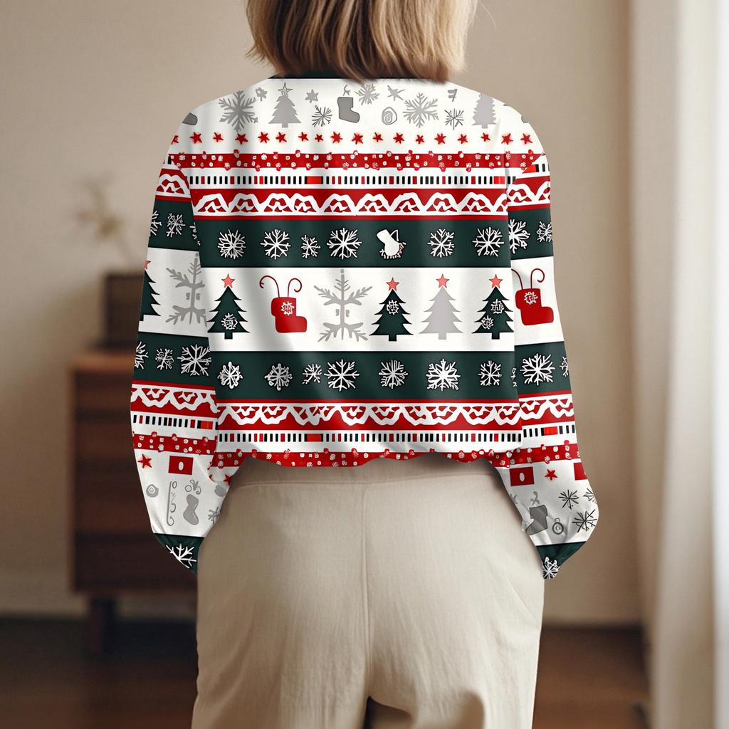 Damen Hemd Bluse Weihnachtsdruck Knopf Langarm Casual Basic Hemdkragen Normales Oberteil