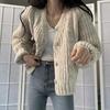 Loose Japanese Korean Style Autumn Winter Short Sweater Coat Women's Cable Knit Preppy Style Long Sleeve Knit Cardigan Top
