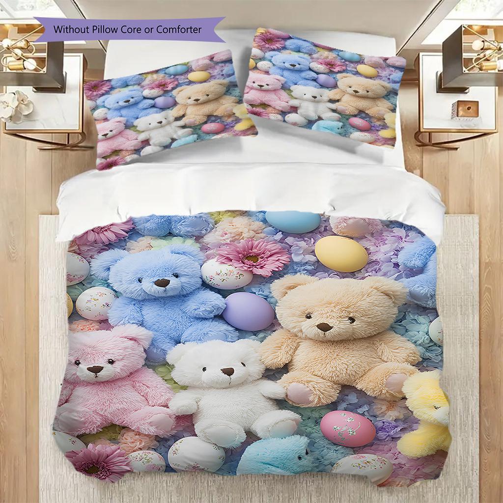 Teddy Bear Pattern Bedding Quilt Set Quilt Cover Pillowcase Home Decoration Birthday Gift (1 * duvet cover + 2 * pillowcase, without core)