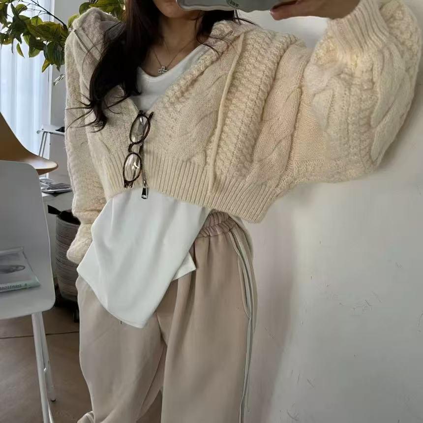 Korean Hooded Cable Knit Zip-Up Short Cardigan - Fresh Autumn Solid Color Tie Sweater Coat