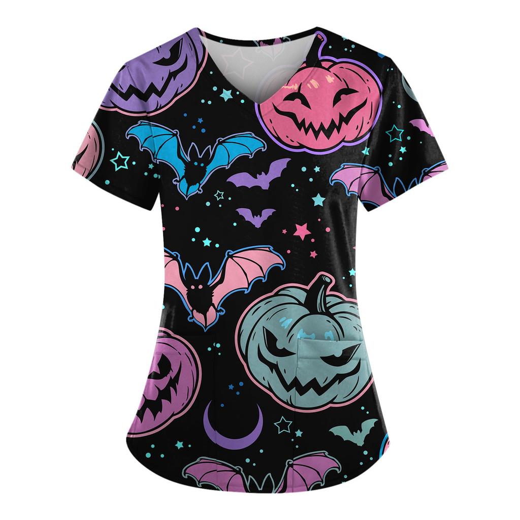 Women's Fashion Halloween Printed Short Sleeve V-neck Tops Working Pocket Blouse