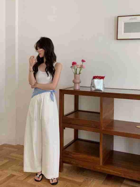 Ting Lan White Cow Elastic Loose Wide-Leg Slimming Casual Nine-Point Pants