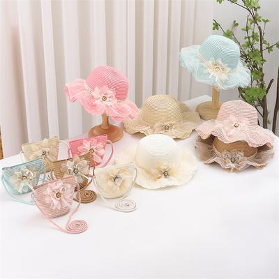 Baby Meisjes 2-delige Set: Strooien Hoed en Schoudertas Zomer Bloemen Strand Bucket Hoed met Brede Rand Zonbescherming Vakantie Outfit Accessoire