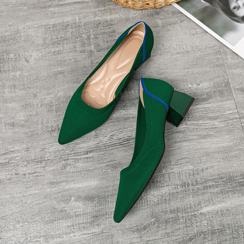 High heels single shoes leopard print flying woven pointed thick heel light mouth medium heel woven high heels women