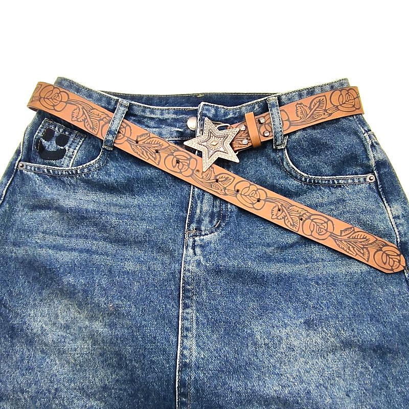 American Retro Western Style Star Embossed Belt Niche Design Spice Girl Vintage Brown Belt
