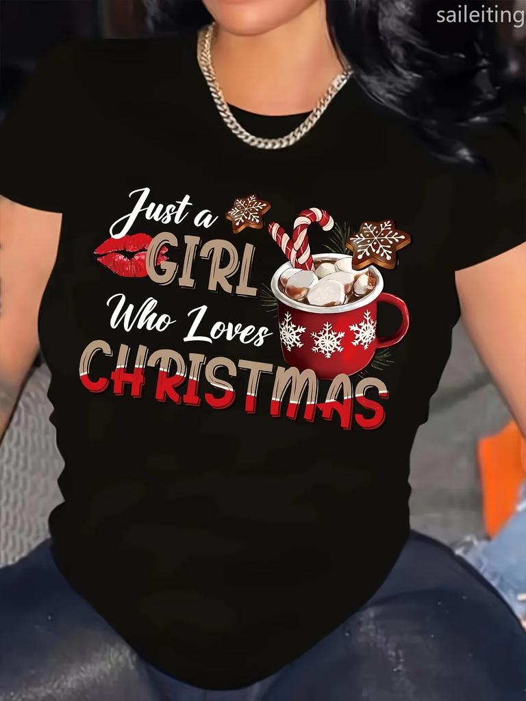 Festive Christmas Tee  Womens Plus Size Just A Who Loves ChristmasGraphic TShirt  Red Crew Neck Sleeve with Snowflake