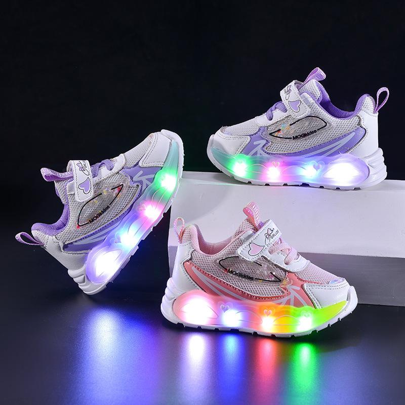 Fashion Kids Sports Shoes Spring New Girl Breath Mesh Shoe Simple Soft Soled Child Casual Shoes Anti Slip Girls LED Light Shoe