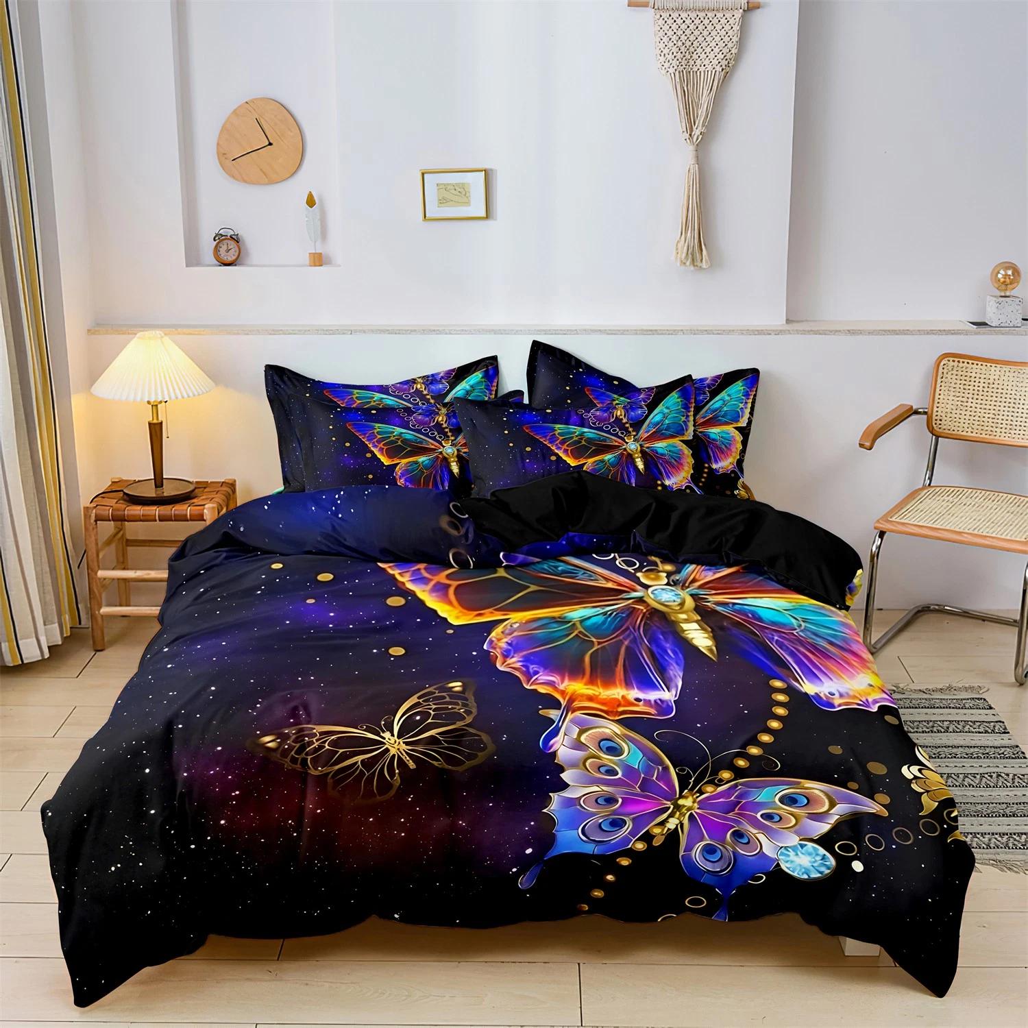 

Colorful Butterfly Bedding Set Women Duvet Cover Queen King Double Duvet Cover Pillowcase 2/3 Gift Soft Bedroom Decoration UK Single 135x200cm