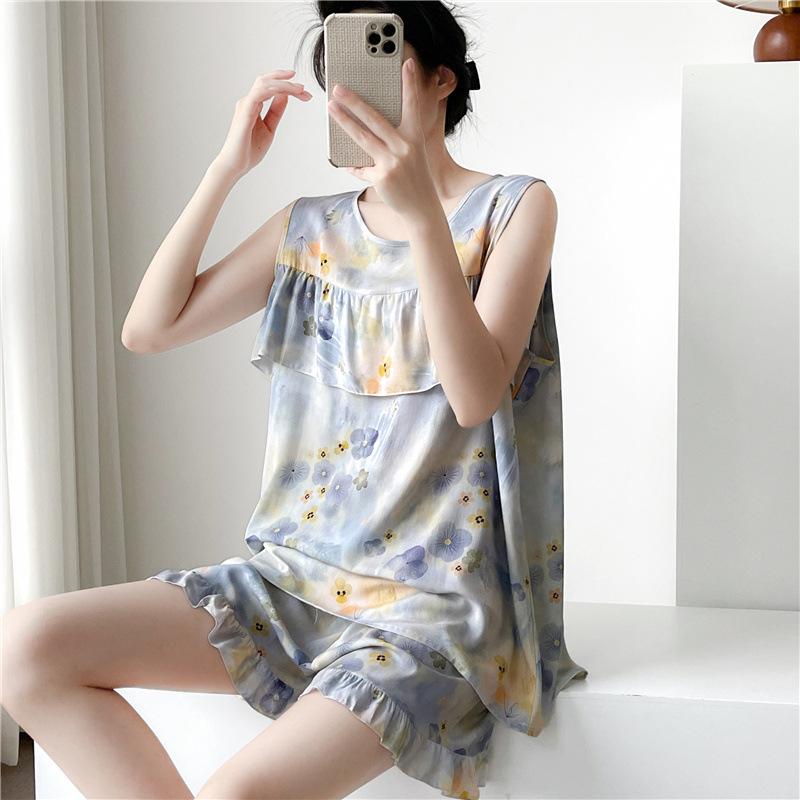 Women's Summer Ultra-Thin Cotton Satin Pajamas Set With Shorts And Sleeveless Vest, Cool Comfort Home Wear For Hot Weather