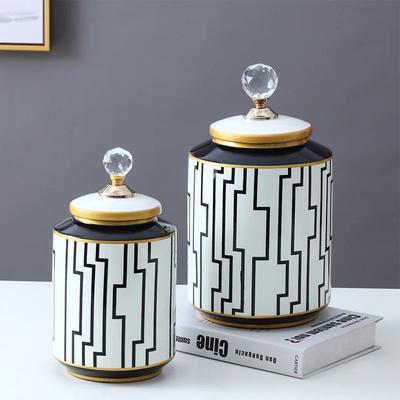 Ceramic Crystal Decorative Jar Checkmate Can Geometric Golden Relief Jars Storage Tank Vase Storage Container Home Decoration
