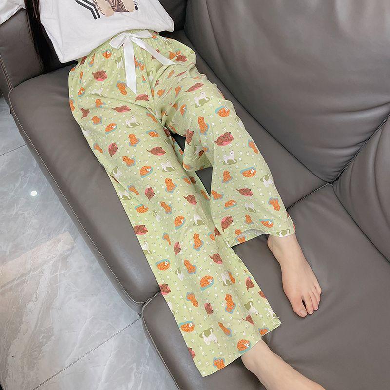Summer Women's Cotton Rayon Ankle-Length Lounge Pants Thin Loose Fit AC Homewear with Elastic Waist