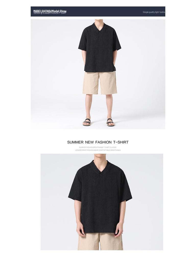 2024 Men's Summer Cotton Linen Short Sleeve T-Shirt with Frog Button – Plus Size Chinese Style Hanfu