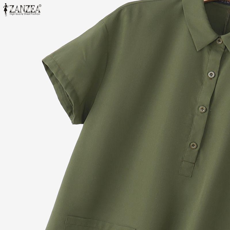 ZANZEA Women Casual Turn Down Collar Solid Color Short Sleeve Shirt Dress