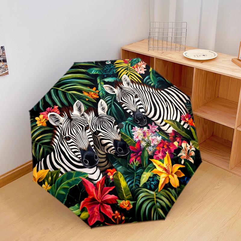 1 PC Automatic Folding Umbrella - Zebras In Tropical Flowers Pattern, Portable & Foldable Design with 8 Ribs, Christmas Birthday Gifts