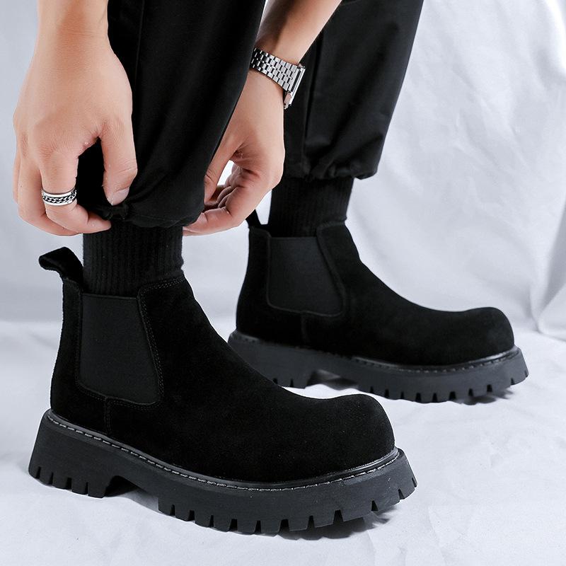 

Мужские повседневные челси в британском стиле, слипоны, туфли из коровьей замши, ковбойские ботинки на платформе, крутые ботильоны для весны и осени 270 чёрный